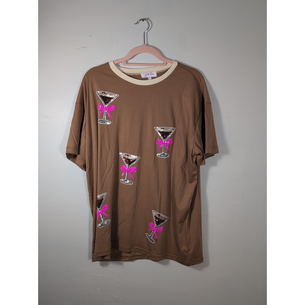 Jessβ Lea Brown Short Sleeve Martini Bow Sequined Top Size L NWOT